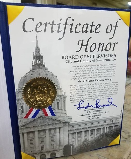 Certificate of Honor from the San Francisco board of supervisors